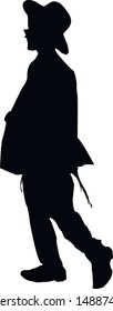 Silhouette of a Jewish man. Religious Jew walking in Jerusalem. The man in the hat. Young Jew Hasid in a hat. Isolated vector illustration Black on white.