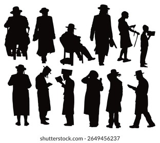 Silhouette of Jewish men, women, boy, girl praying. Jews wear long black clothes while praying, on the wailing stone. Jews day. A collection of silhouettes of Hasidic Jews in national clothes.