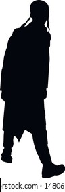 Silhouette of a Jewish religious boy. Religious Jews in a traditional costume. Hasid with sidelocks in a long frock coat. Isolated vector illustration. Black on white.