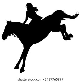 Silhouette des Jockeys und Springpferdes, Reitsport. Vektorgrafik