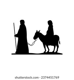 Silhouette Joseph and pregnant Mary travel to Bethlehem on a donkey.