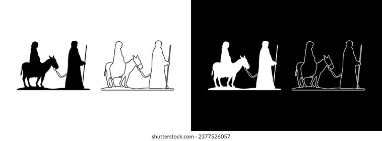 Silhouette Joseph and pregnant Mary travel to Bethlehem on a donkey.