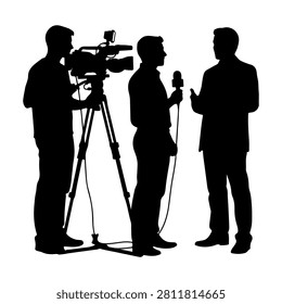 Silhouette of journalists interviewing a businessman, capturing media interaction and communication in a professional setting.
