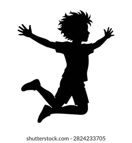 Silhouette of a joyful child jumping high in the air with arms outstretched, isolated on white background. Energetic pose representing childhood happiness.