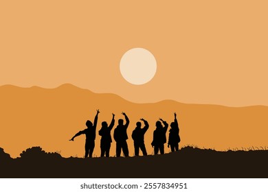 Silhouette of joyful group celebrating under a warm sunset sky with arms raised, against a mountainous landscape.