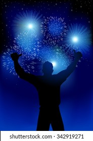Silhouette joyful male figure and fireworks background  for new year celebration theme  Gradient mesh background compatible in Adobe Illustrator CS