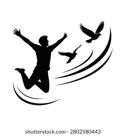 Silhouette of a Joyful Man Jumping with Flying Birds