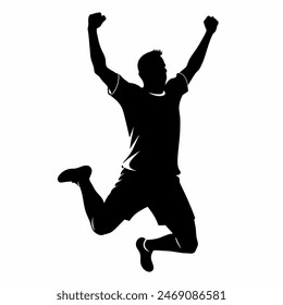 A silhouette of a joyful man leaping with raised arms against the sky