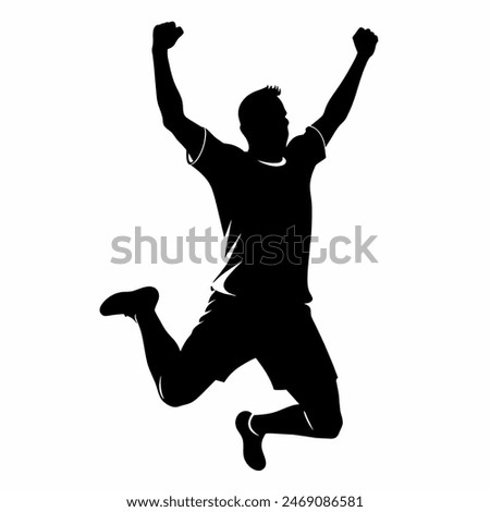 A silhouette of a joyful man leaping with raised arms against the sky