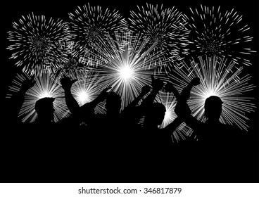 Silhouette Of Joyful People Watching Fireworks In Black And White Illustration