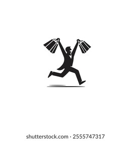 A silhouette of a joyful shopper running with shopping bags in both hands, conveying excitement and success. Perfect for themes of shopping, retail, and consumer enthusiasm.