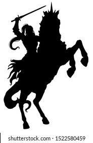 Silhouette of a jubilant woman rider on a rearing horse. 2D illustration.