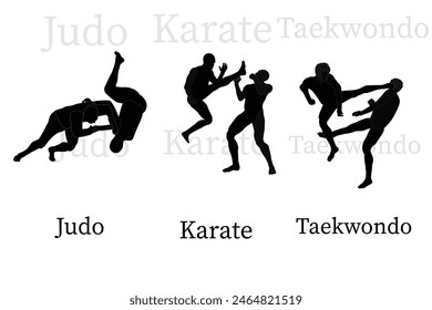 Silhouette Judo, Karate, Taekwondo icons in transparent background.