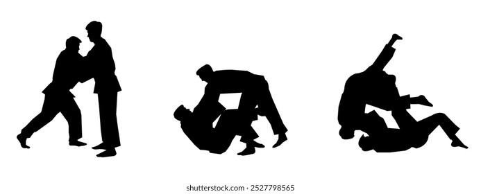 Silhueta de judoist, judoca, lutador em duelo, luta, esporte de judô. Artes marciais. Ilustração vetorial.