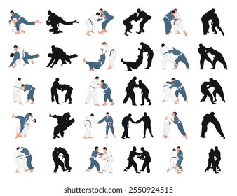 Silhouette of judoist, judoka, fighter in duel, fight, judo sport. Martial arts