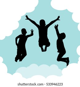 Silhouette jumping boys in the clouds. Vector