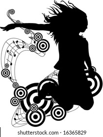 silhouette of jumping dancer against background of CDs and swirling music vector illustration