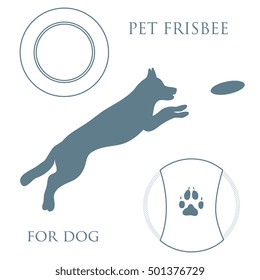 Silhouette of jumping dog and Frisbee. Label for pet shop. Design element for postcard, banner, flyer.