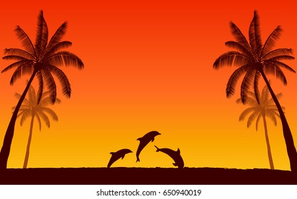 Silhouette jumping dolphin and palm tree in flat icon design with sunset sky background