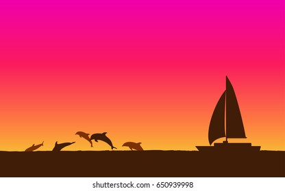 Silhouette jumping dolphin and sailboat in flat icon design with sunset sky background