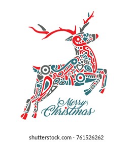 Silhouette of jumping forest or northern deer isolated on white background and filled with decorative pattern with sign Merry Christmas. Perfect to use on greeting cards, banners, flyers, postcards