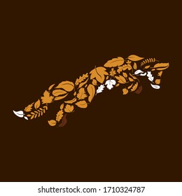 Silhouette of a jumping fox made of leaves, autumn theme in brown colors