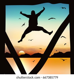 Silhouette and jumping girl in the twilight with blue sky.
