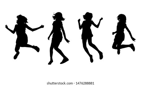 Silhouette of jumping girl in vector eps10. Vector silhouette of young girl against the white background. Set of brushes teenager girl jumping in dance. Collection of black figures and stencils 