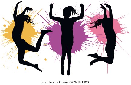 Silhouette of jumping girls children on background of splash blot. Vector illustration