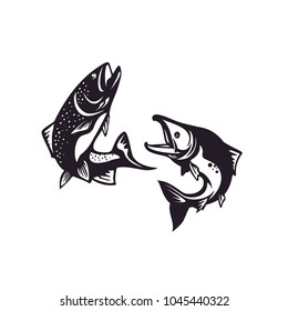 Silhouette Jumping Largemouth Bass Salmon Carp Fish Fresh Water River Lake Fishing Logo design vector