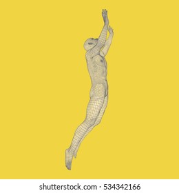 Silhouette of a Jumping Man. 3D Model of Man. Geometric Design. Polygonal Covering Skin. Human Body Wire Model. Vector Illustration. 