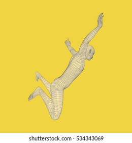 Silhouette of a Jumping Man. 3D Model of Man. Geometric Design. Polygonal Covering Skin. Human Body Wire Model. Vector Illustration. 