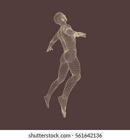 Silhouette of a Jumping Man. 3D Model of Man. Geometric Design. Polygonal Covering Skin. Human Body Wire Model. Vector Illustration 
