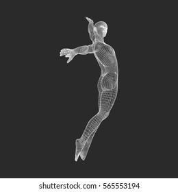 Silhouette of a Jumping Man. 3D Model of Man. Geometric Design. Polygonal Covering Skin. Human Body Wire Model. Vector Illustration.  