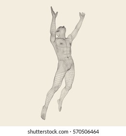 Silhouette of a Jumping Man. 3D Model of Man. Geometric Design. Polygonal Covering Skin. Human Body Wire Model. Vector Illustration.  