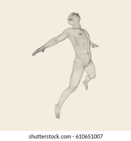 Silhouette of a Jumping Man. 3D Model of Man. Geometric Design. Polygonal Covering Skin. Human Body Wire Model. Vector Illustration.  