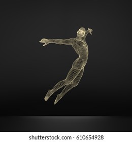 Silhouette of a Jumping Man. 3D Model of Man. Geometric Design. Polygonal Covering Skin. Human Body Wire Model. Vector Illustration.  