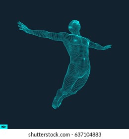 Silueta de un hombre saltando. Modelo 3D de hombre. Diseño Geométrico. Piel Cubierta Polígono. Modelo de cable corporal humano. Ilustración vectorial.