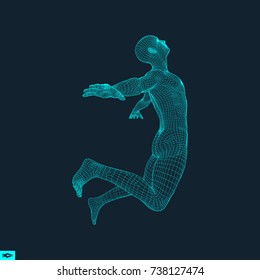 Silhouette of a Jumping Man. 3D Model of Man. Geometric Design. Polygonal Covering Skin. Human Body Wire Model. Vector Illustration.  