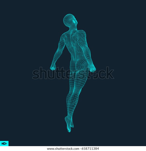 ジャンプする男のシルエット 人間の3dモデル 幾何学的設計 多角形の覆いの皮 人体ワイヤモデル ベクターイラスト のベクター画像素材 ロイヤリティフリー