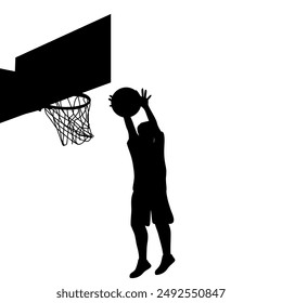 silhouette of a jumping man holding a ball with two hands inserting in the hoop vector