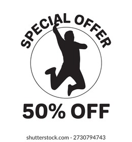 Silhouette of a jumping man within a special offer promotional circle