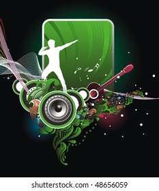 silhouette of jumping men with music wave line, Vector Illustration, no mesh and no flattened transparencies in this vector.