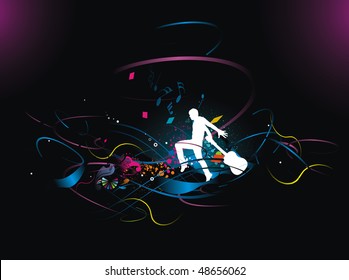 silhouette of jumping men with music wave line, Vector Illustration, no mesh and no flattened transparencies in this vector.