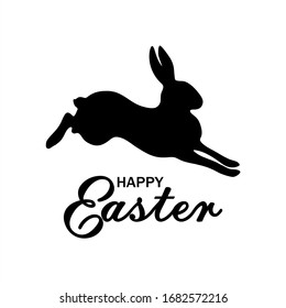 silhouette of jumping and running Easter Bunny and lettering happy Easter. holiday greeting card, vector illustration