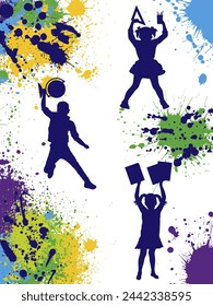 Silhouette of jumping school children with globe, ruler, books on background of color splashes and blots. Vector illustration