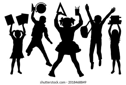 Silhouette of jumping and standing school students in full growth. Back to school. Pupils or first graders with school supplies. Vector illustration.
