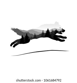 Silhouette of jumping wolf with mountain landscape. Grey tones.