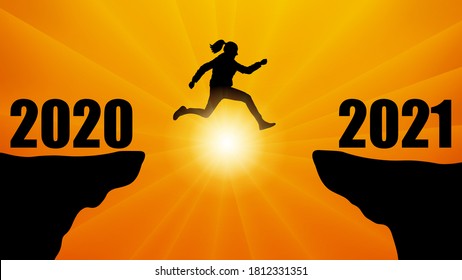 Silhouette Of Jumping Woman Over Chasm Between Mountains. Transition From 2020 To 2021, New Year. Vector Illustration