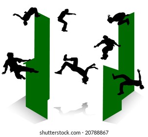 Silhouette of jumping young men and girl. Parkour.